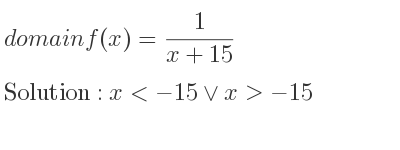 The domain of f(x)= 1/(x+15) is x<-15\lor x>-15